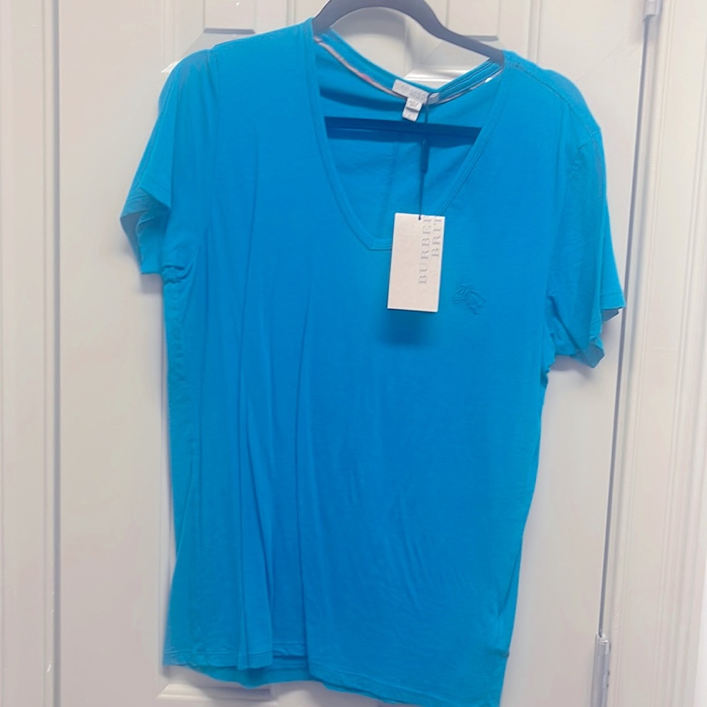 Authentic Burberry Brit V-Neck Topaz Blue T-Shirt Sz Large NWT